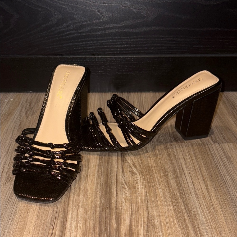 Shoe Dazzle Black Strappy Heels with Block Heel